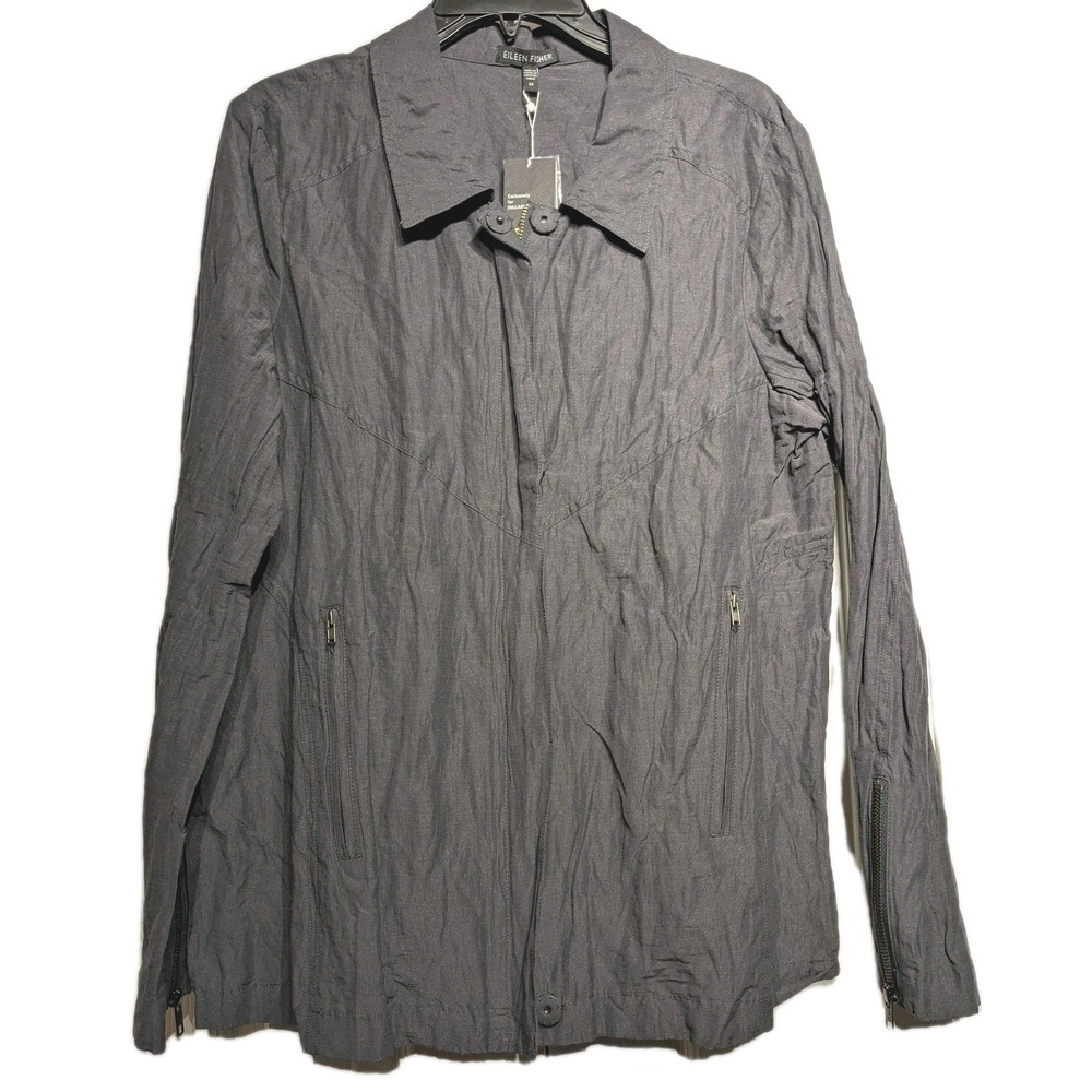 Eileen Fisher Jacket Women M Graphite Organic Cotton Metallic Zip + Button NWT